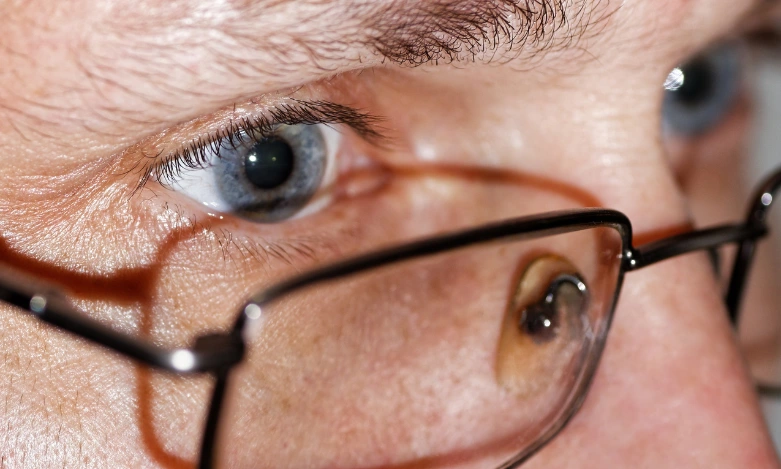 Close-up of a man's eyes wearing glasses, representing professional eye care.
