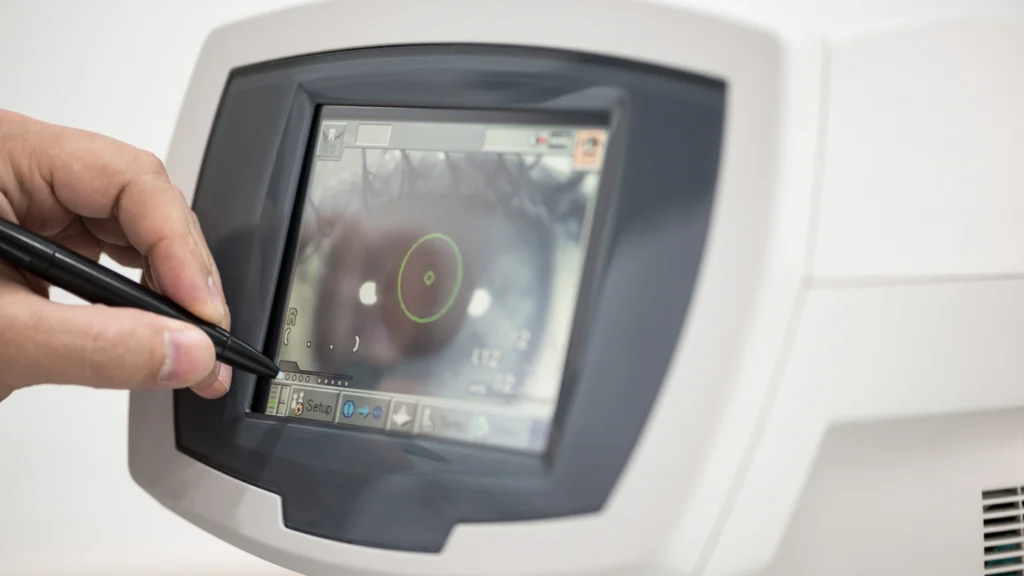 eye care professional using a diagnostic imaging device to assess eye health as part of the clinic's eye care resources