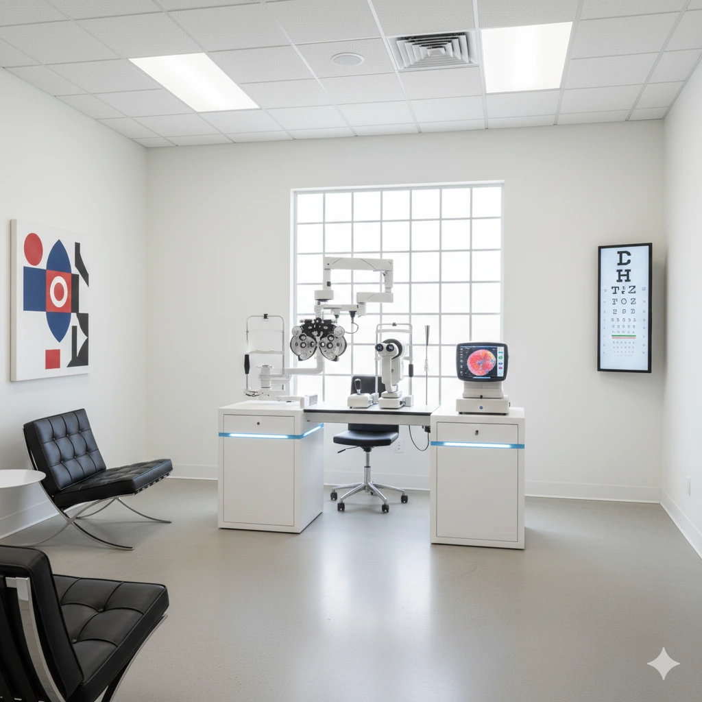 Diagnostic room with modern vision testing equipment used by eye doctors.
