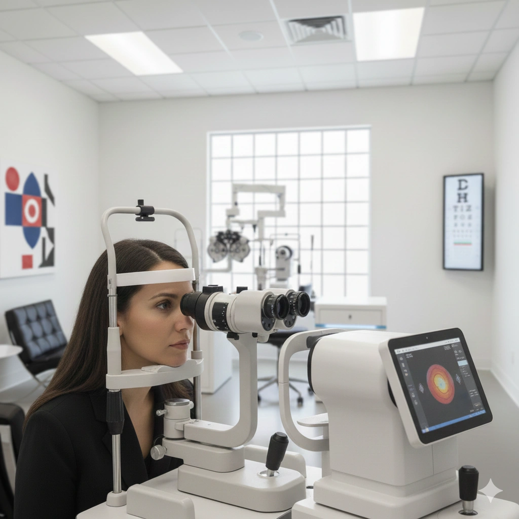 Patient undergoing an eye exam with slit lamp equipment at an eye doctor clinic.