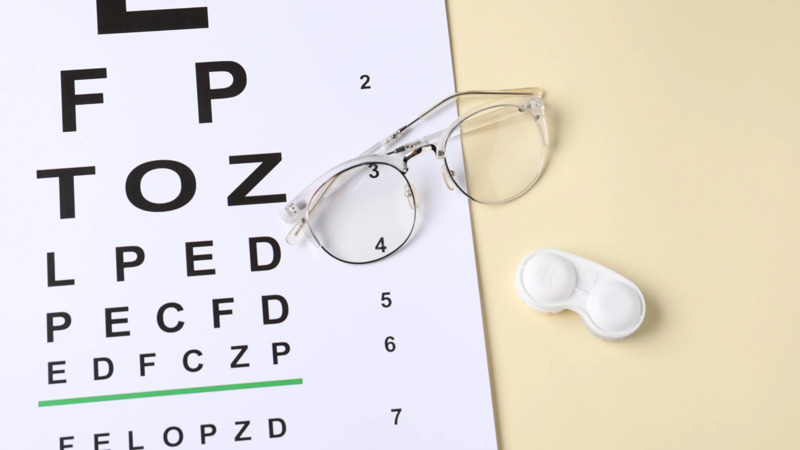 snellen eye chart with eyeglasses and a contact lens case used in an eye doctor clinic