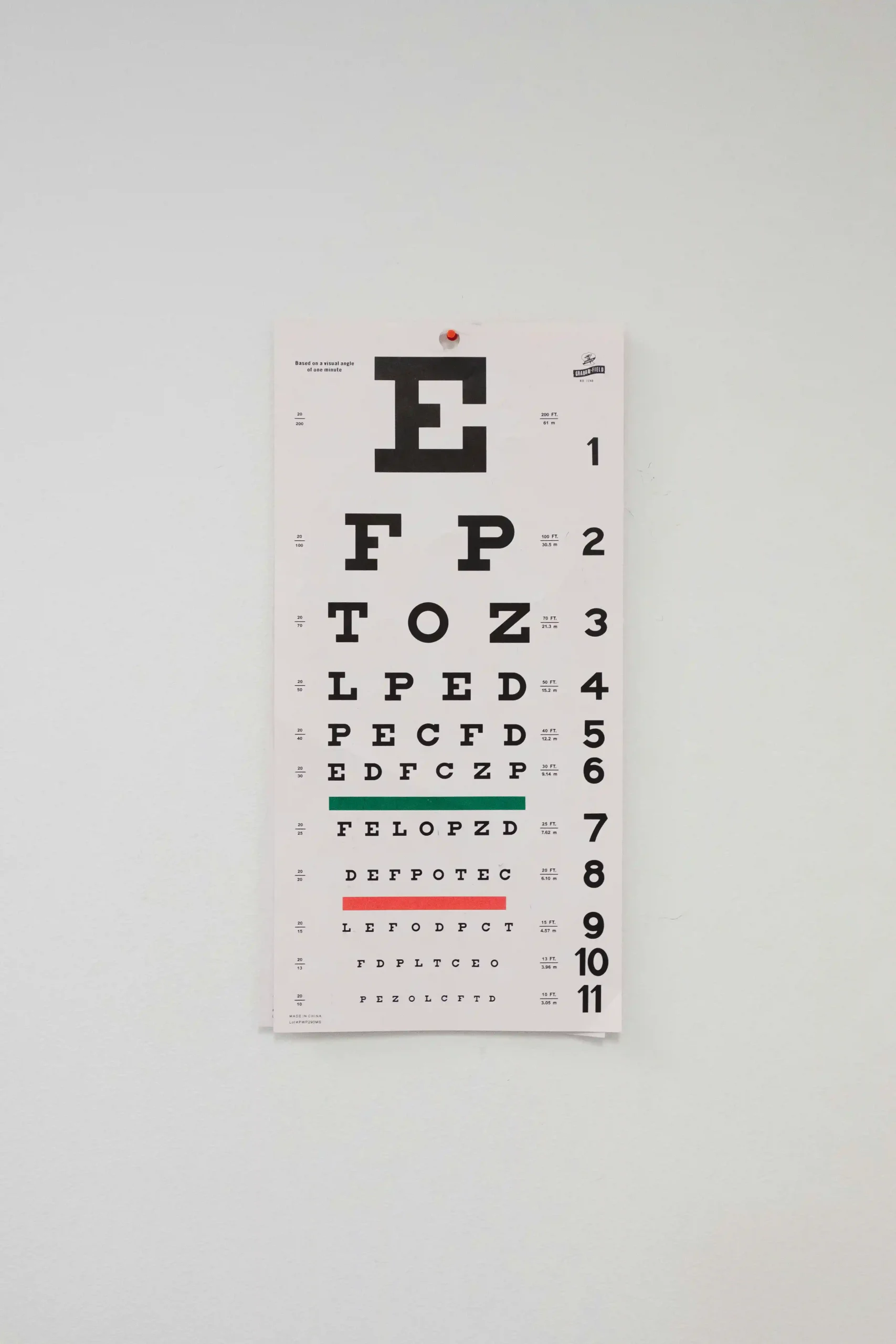 Snellen eye chart used by eye doctors to assess visual acuity.